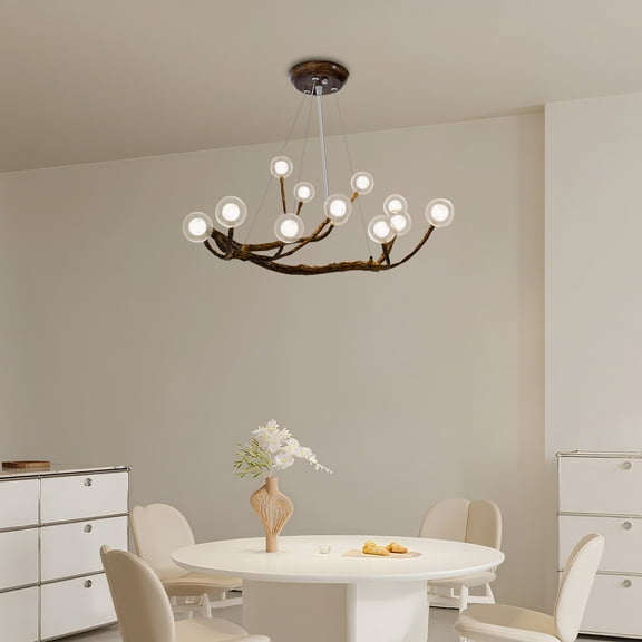 36W Glass Bubble LED Chandelier Pendant Ceiling Light Wood Branch Hanging Lamp