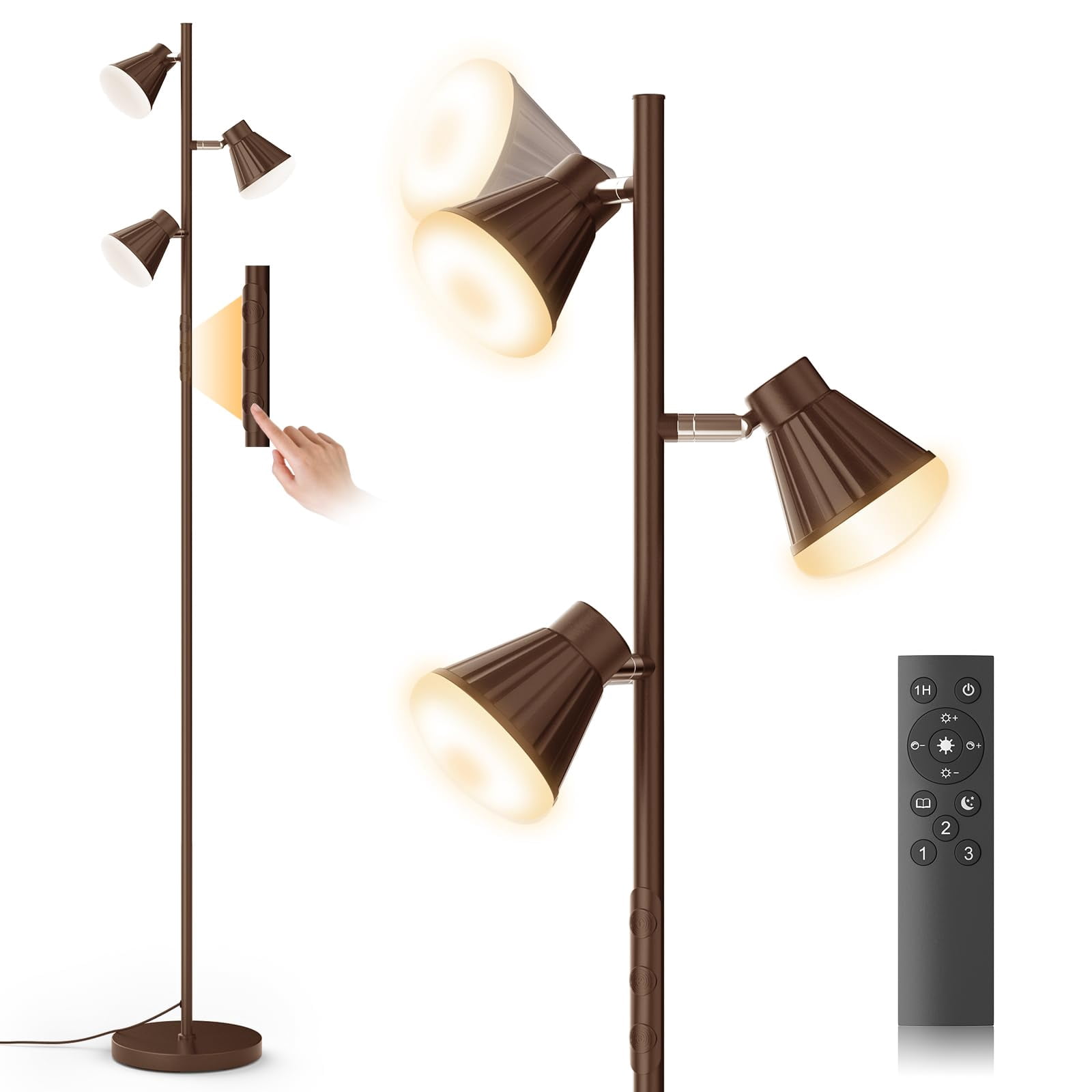 36W LED Tree Floor Lamp, Dimmable Tall Standing Lamp with Remote & Touch Control, 4 Color Temperatures Bright Floor Lamp, 3 Rotatable Light Modern Floor Lamps for Living Room Bedroom Office