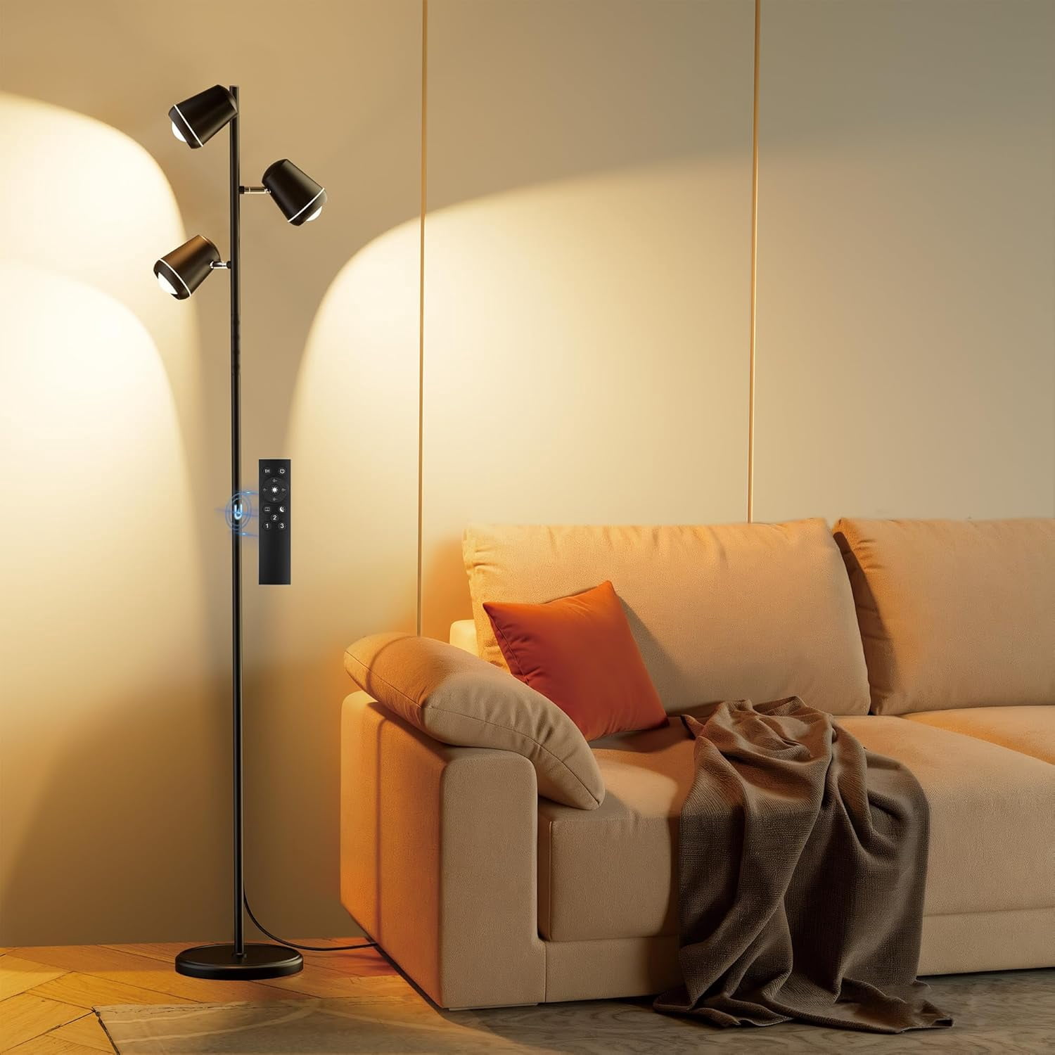 36W LED Tree Floor Lamp, Upgraded 3 Rotatable Lights Standing Lamp with ...