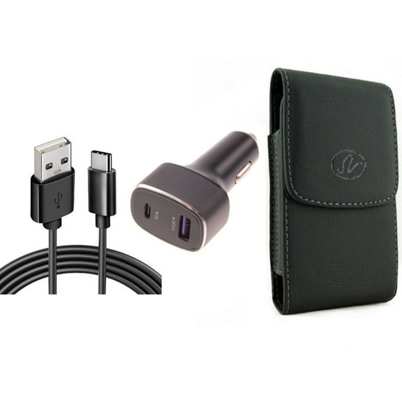 36W PD Fast Car Charger & Case Belt Clip for iPhone 15 Pro Max - 6ft USB-C Cable 2-Port Long Cord Power Adapter and Leather Holster Cover Pouch R1O for iPhone 15 Pro Max (6.7")