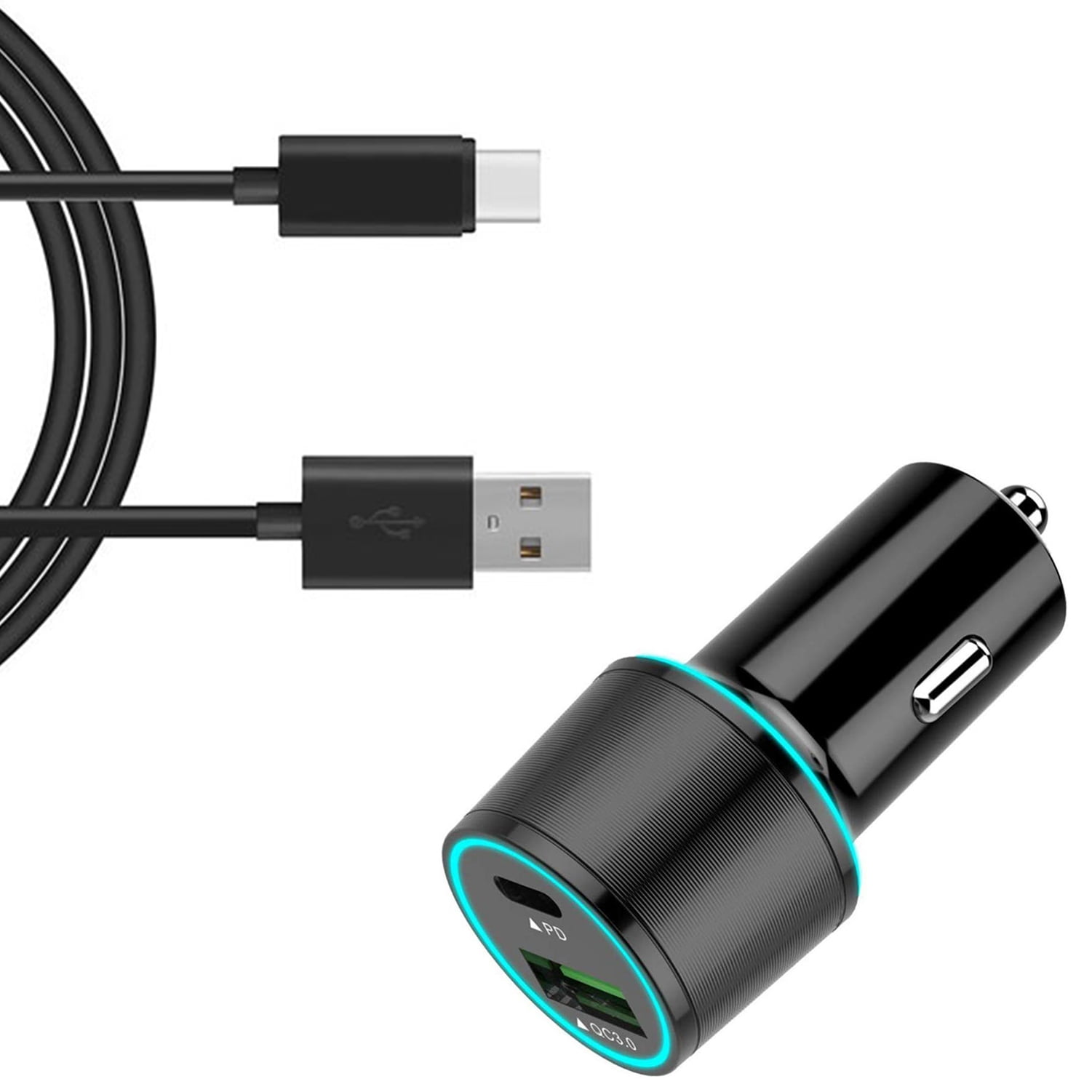 36W Quick Car Charger for Nokia XR21, T21, X100 - 2-Port USB Cable Type-C PD Power Adapter DC Socket