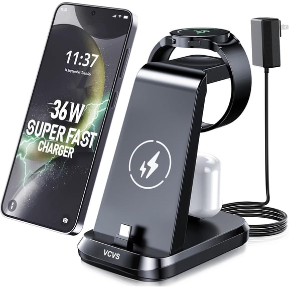 36W USB C Super Fast Charging Station for Phones Watches Earbuds, 3 in 1 Charger Galaxy Watch Ultra/7/6/5/4/3, S24/S23/S22/21/20,Note20/10,Z Fold/Flip 5/4,USB-C Buds