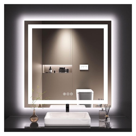 36X36 LED Bathroom Mirror with Lights, Anti-Fog, Dimmable, Backlit + Front Lit, Lighted Bathroom Vanity Mirror for Wall, Memory Function, Tempered Glass, Safe to Use, ETL Listed