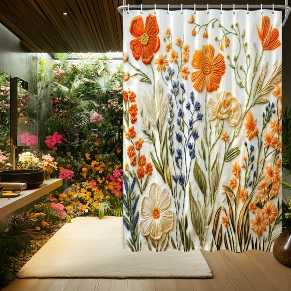 36X72 in Floral Shower Curtain - Orange Boho Flower Bathroom Decor Garden Vintage Botanical Print,Cute Nature -Inspired Funky Colorful Pastel Spring Design Polyester Waterproof Fabric