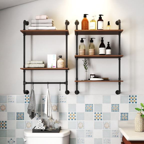 36in 3-Tier & 2-Tier Industrial Pipe Wall Mounted Shelves with 3 Hooks Wood Display Shelves for Kitchen Bedroom