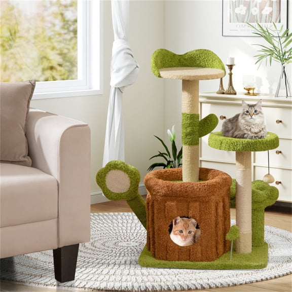 36in Cat Tree, Jungle Theme Multi-Level Cat Tower with Sisal Scratching Post & Interactive Toys, Washable Peach Skin Cover, Plush Perch & Condo for Large Cats up to 22LBS per Level