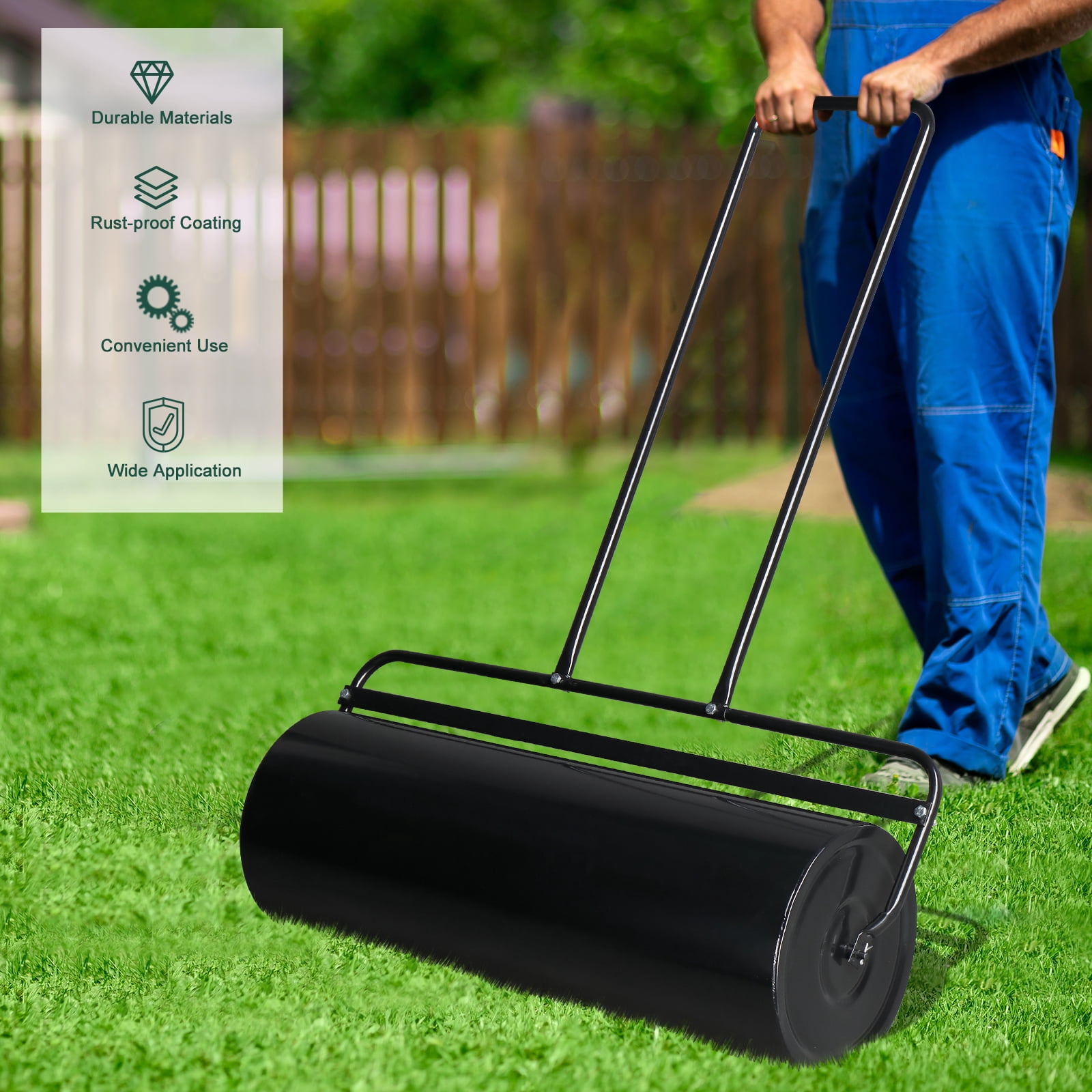 36in Cylindrical Iron Lawn Roller, Black