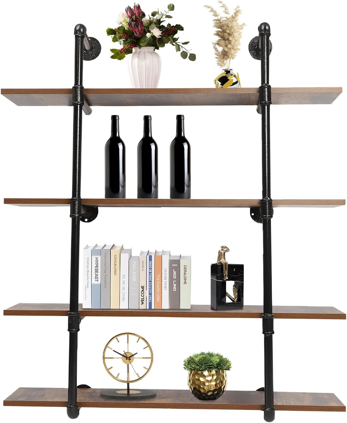 36in Industrial Pipe Shelving Wall Mounted,4 Tier Rustic Metal Floating
