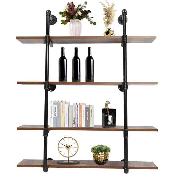 36in Inrial Pipe Shelving Wall Mounted Rustic Metal Floating Shelves Steampunk Real Wood Book Shelves Wall Shelf Unit Bookshelf Hanging Wall Shelves for Farmhouse Kitchen Bar(4 Tier)