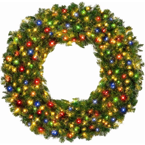 36in Large Artificial Pre-Lit Fir Christmas Wreath Holiday Accent Decoration w/ 150 Multicolor Lights, 300 PVC Tips