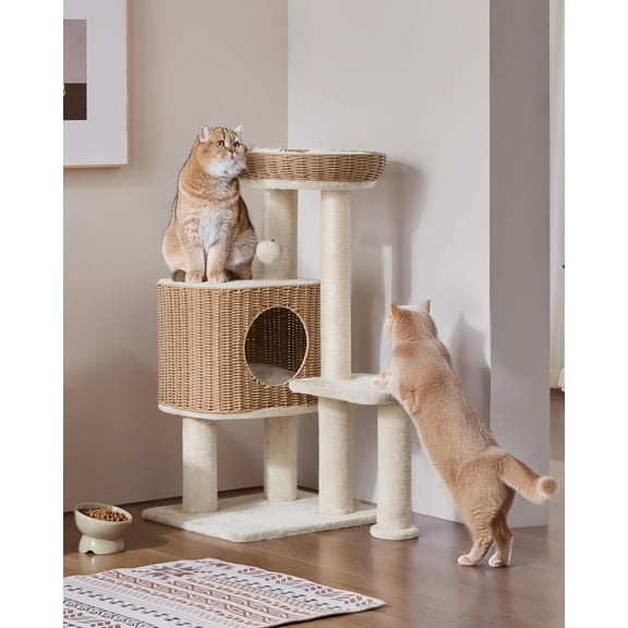 36in PE tan Cat Tree with Big Perch, Breathable Woven Condo for Indoor Large Kittens, Extra Long Sisal Scching Post with Washable Cushion, Natural Cooling Design for Living Room Bedroom, Brown