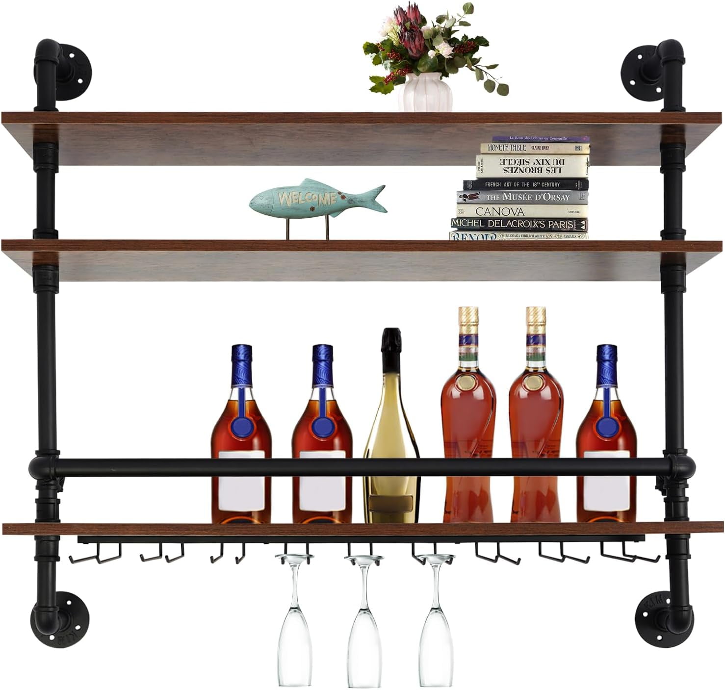36in Rustic Metal Floating Bar Shelves Wall Mounted, 3-Tier