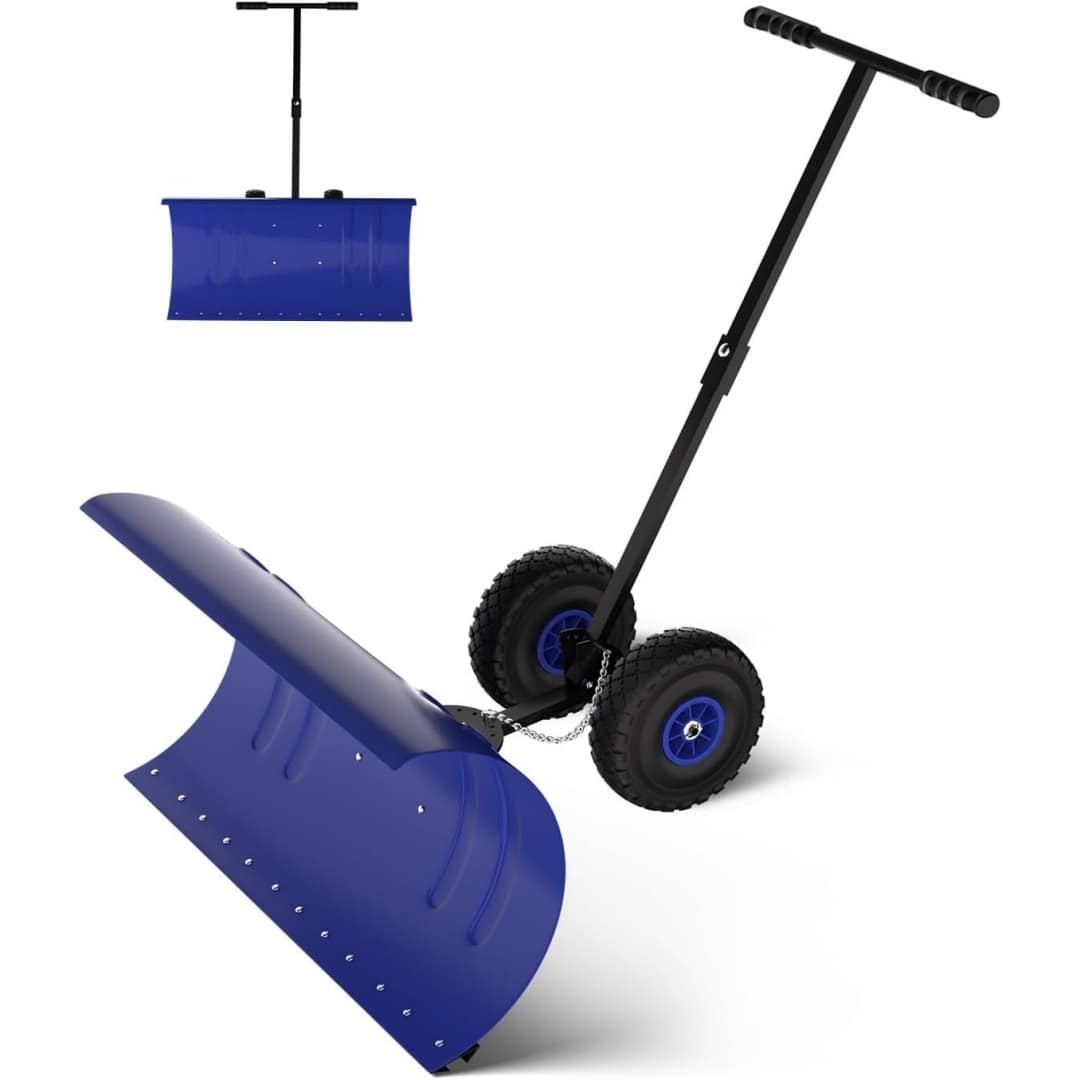 36in T-shaped Rod Snow Pusher with Wheels - Heavy Duty Steel Snow Plow ...
