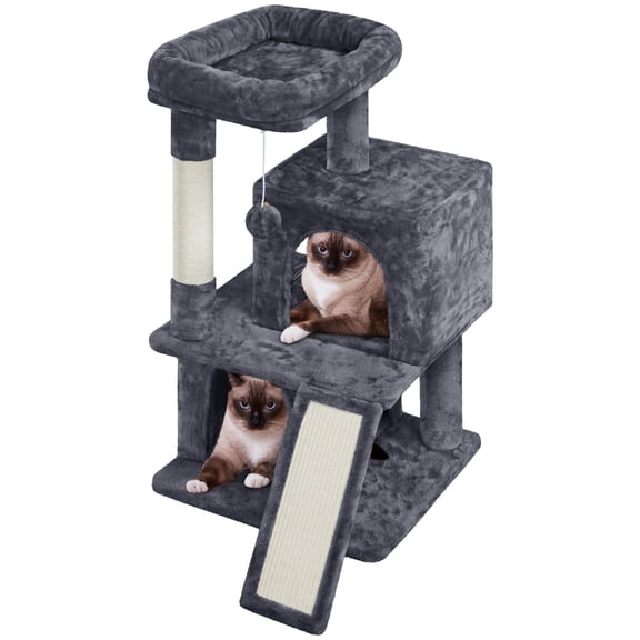 36in multi-level Cat Tree for indoor cats: climber stand with scratching post, plush perch, dangling bell ball, 2 condos, and ramp. Ideal for kittens, small/medium cats. Gray household pet supplies