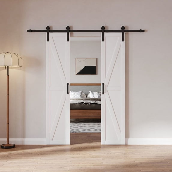 36in x 84in Double Barn Door Interior Sliding Doors with Hardware Kit, MDF Panel Waterproof PVC Surface Easy Assembly, K-Frame, White