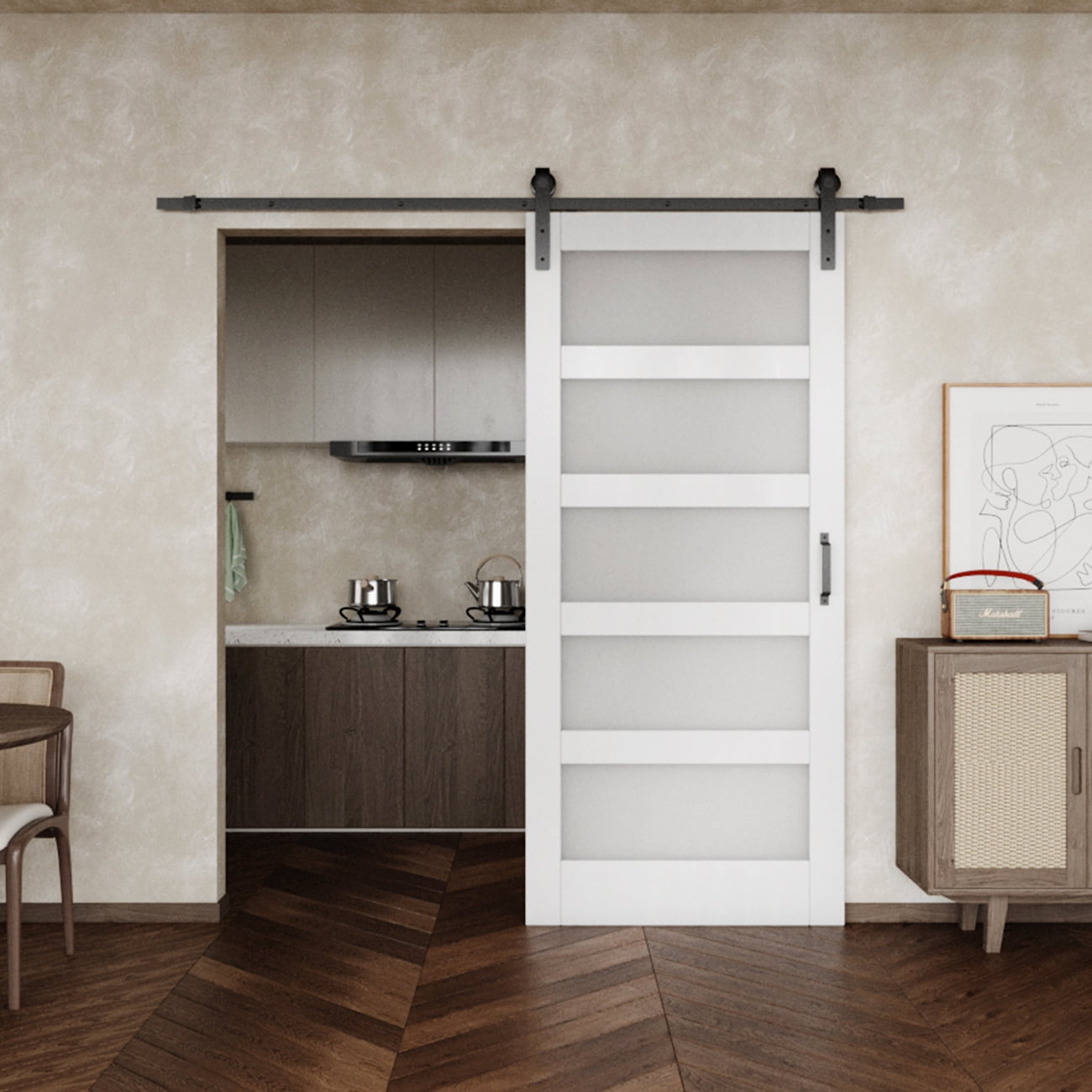 36in x 84in Sliding Barn Door, MDF, Primed, 5 Glass Panel, Can be painted, With Barn Door Hardware Kit