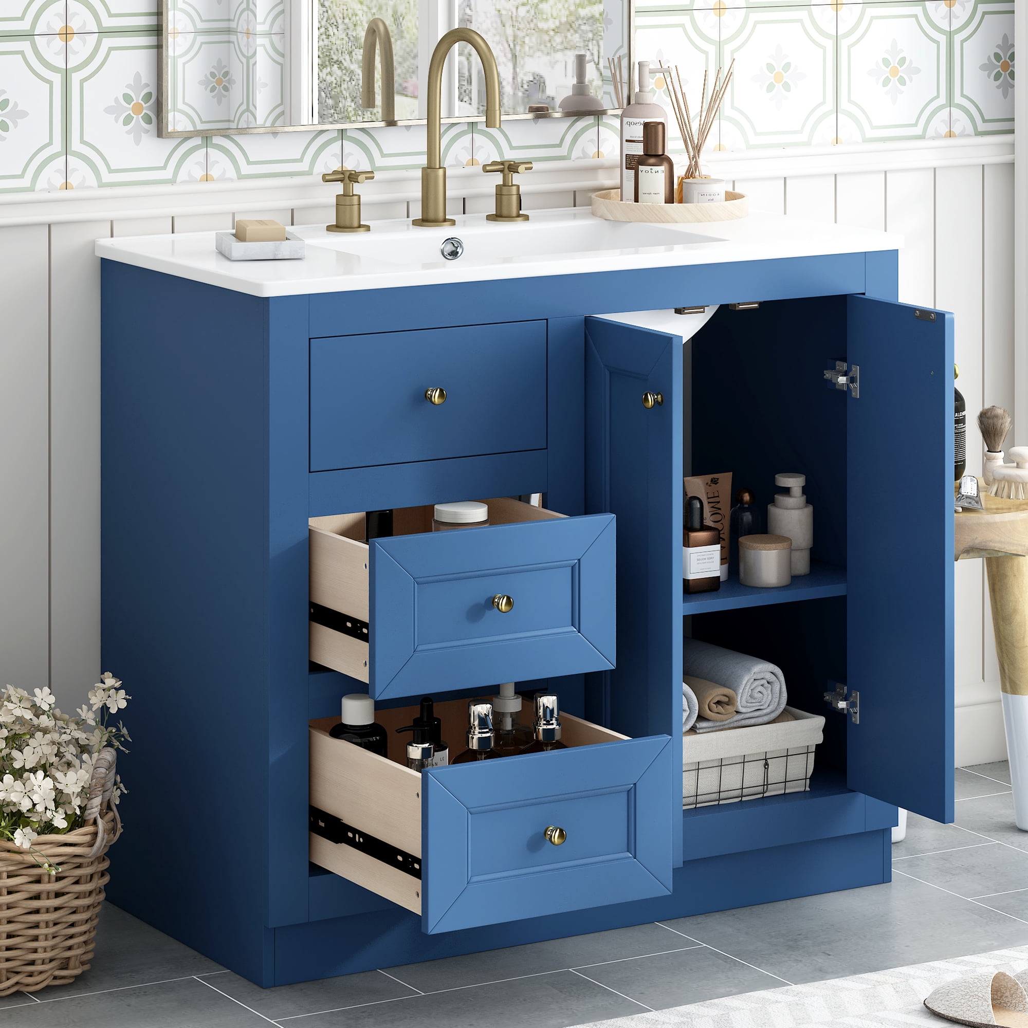 36inch Bathroom Vanity with Ceramic Sink, Bathroom Storage Cabinet with ...