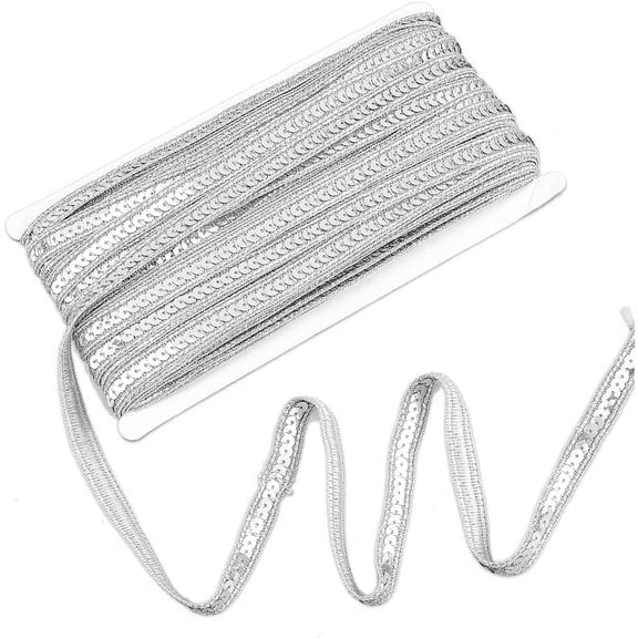 36m(39.37 Yards) Silver Sparkle Metallic Polyester Ribbon 13mm Wide Flat Stright Glitter Trim with PVC Plastic Paillette Sequin Braid Cord Garment Braid Accessories