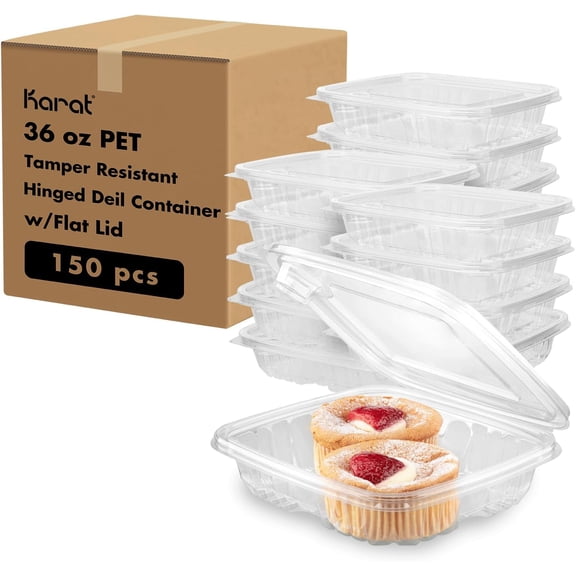 36oz PET Tamper Resistant Hinged Deli Container [150 ct] - Plastic Clamshell Food Containers, Easy Open Pull-Tab for Restaurants & Takeout