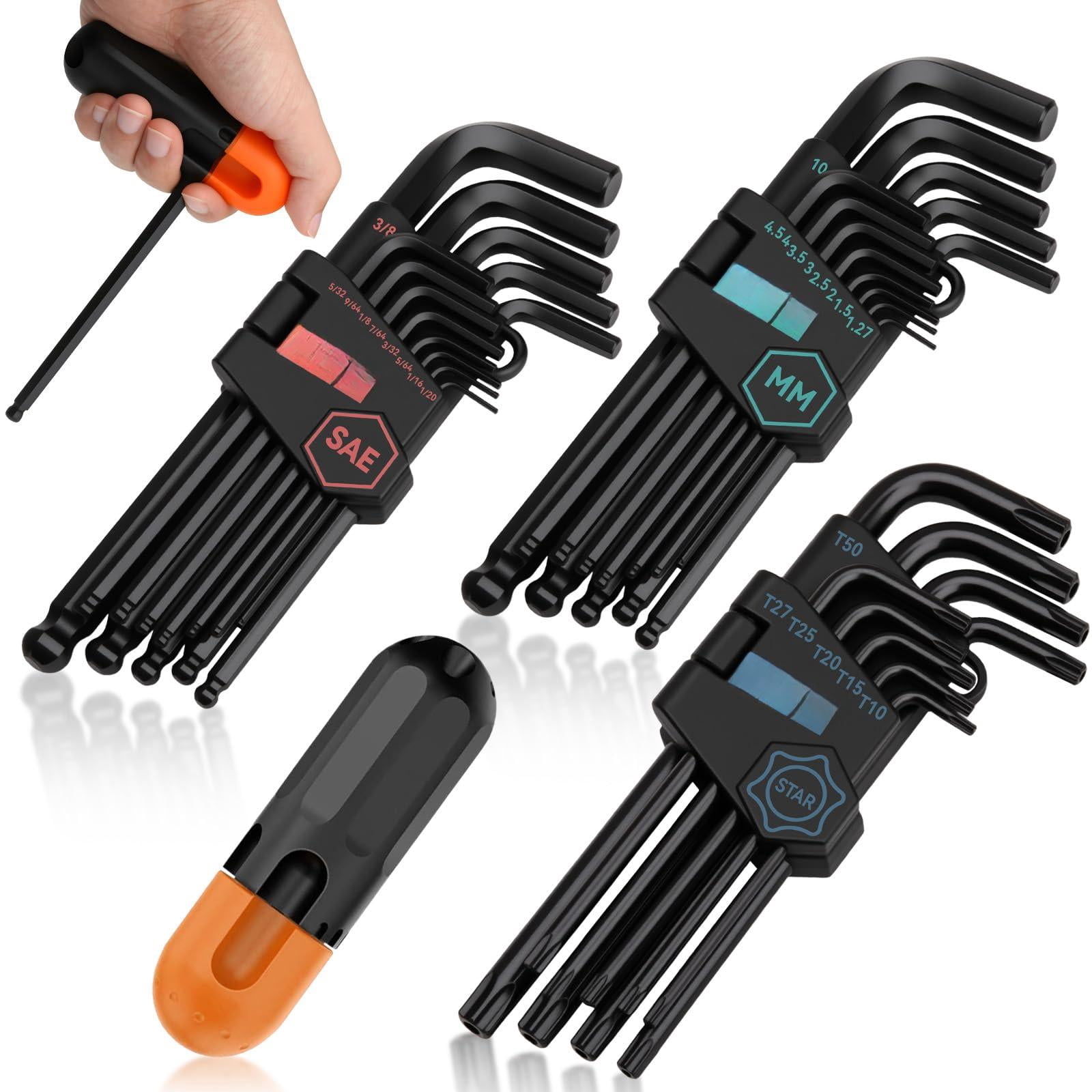 36pc Allen Wrench Set  Sae & Metric Hex Key Torx Star Long Arm Ball Head Design With T-handle Heat Treated Chrome Vanadium Steel