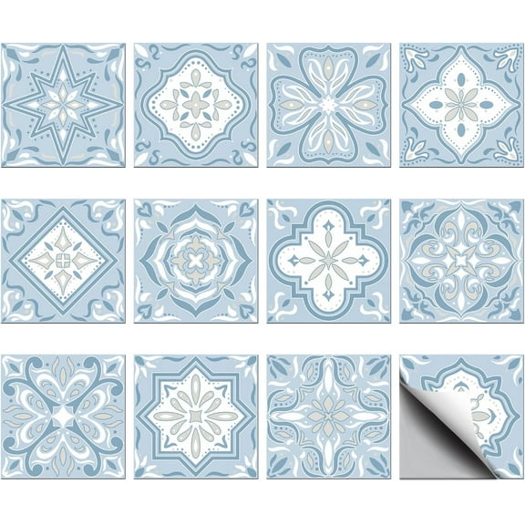 36pcs 12 Styles Light Blue Mandala Peel and Stick Tile Stickers Waterproof Tile Stickers Square with Flower Pattern