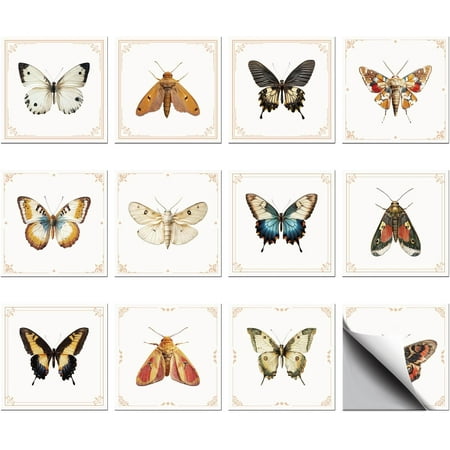 36pcs 12 Styles Vintage Butterfly Moth Tile Stickers Waterproof Tile Stickers Square with Flower Pattern for Kitchen Bathroom Bedroom 3.94×3.94inch