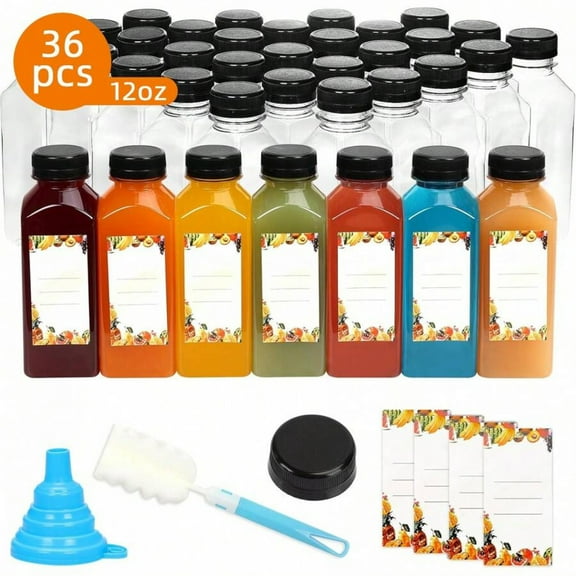 36pcs 12oz Plastic Juice Bottles With Caps, Reusable Juicing Bottles, Clear Empty Containers For Drinks, Smoothies And Other Beverages