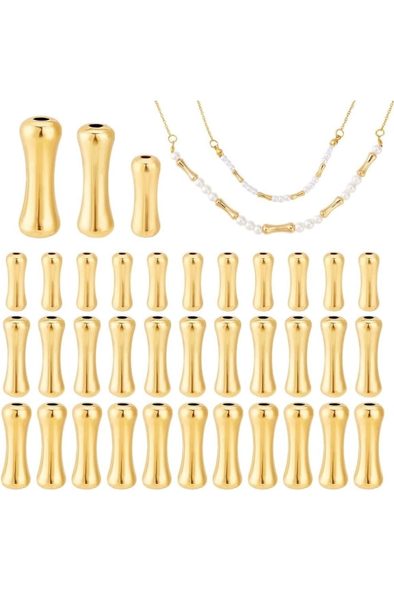 36pcs 18K Gold Plated Brass Spacer Beads Dog Bone Shaped Spacer Beads 3 Size Tube Bar Spacer Beads Loose Metal Spacer Beads for DIY Bracelet Necklace Jewelry Craft Making