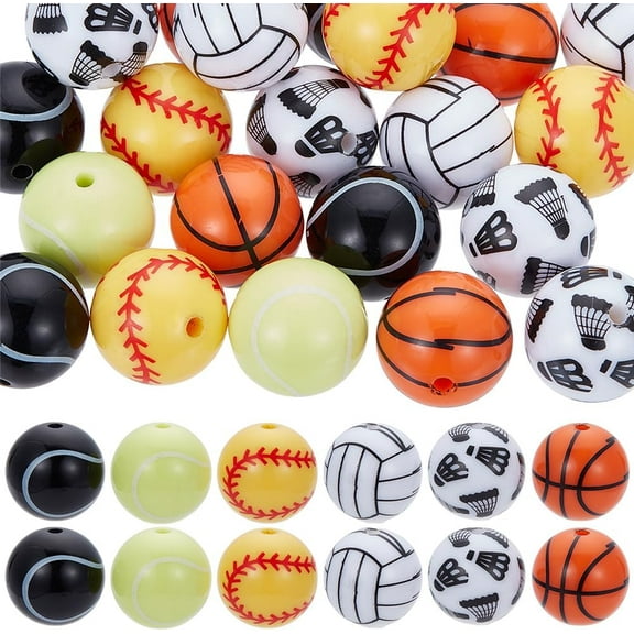36pcs 18mm Sport Beads Large Chunky Beads Resin Sports Theme Assorted Soccer Tennis Baseball Round Ball Spacer Bubblegum Bead Bulk for Jewelry Making Beadable Pen Keychains DIY Accessories DIY