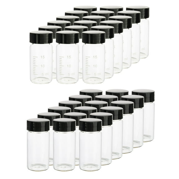36pcs 20ml Clear Small Glass Bottle with Scale(18pcs) Black Screwcap Liquid Sampling Sample Glass Bottles for essential oils,any beader,gifting saffron