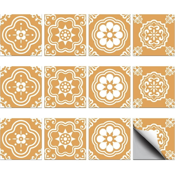 36pcs 4 Styles Mustard Style Pattern Tile Stickers Waterproof Tile Stickers Square with Flower Pattern for Kitchen Bathroom Bedroom Wall Fireplace Floor Decoration 3.943.94inch