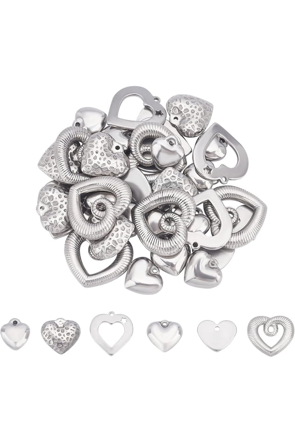 36pcs 6 Styles Heart Charms Stainless Steel Pendant Metal Hollow Charm Flat Smooth Pendants for Jewelry Making DIY Stainless Steel Color