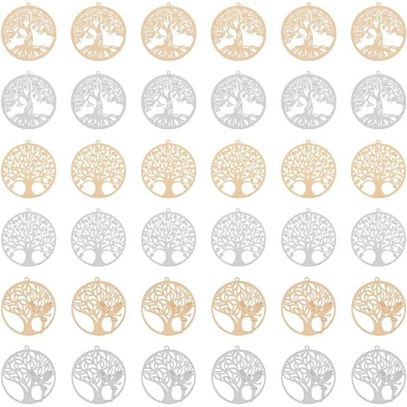 36pcs 6 styles Rack Plating Brass Filigree Pendants Long-Lasting Plated Flat Round with Tree of Life Platinum & Light golden 32x30x0.4mm Hole: 1.2~1.5mm 6pcs/style