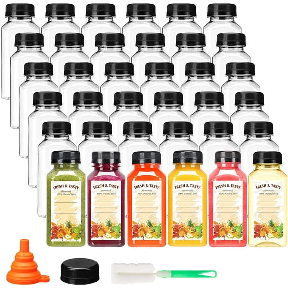 36pcs 8oz Juice Bottles with Lids, Food Grade Reusable Clear Containers with Black Tamper Evident Caps for Juice, Milk and Other Beverages