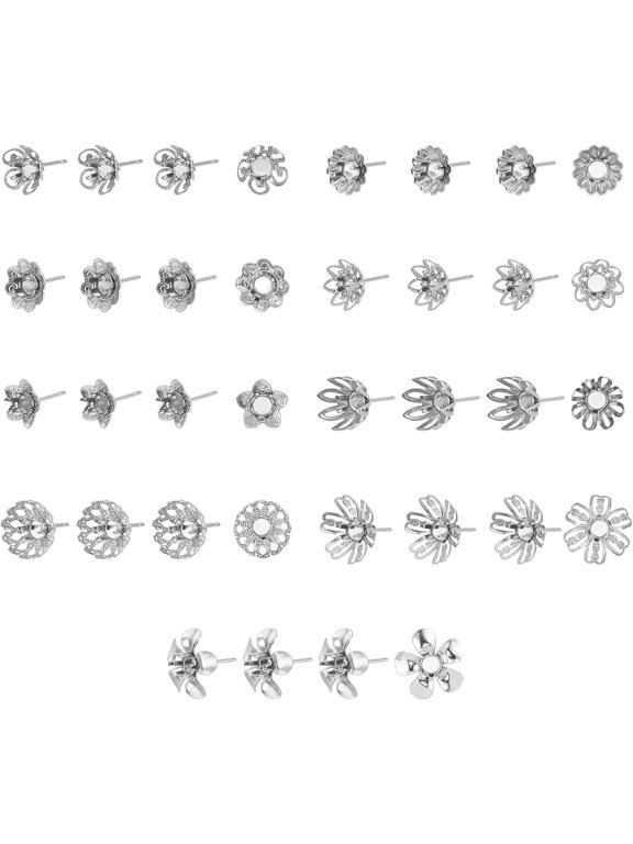 36pcs 9 Styles 4mm Tray Flower Stud Earrings Hypoallergenic Rhinestone Earrings 0.7mm Pin Stainless Steel Stud Earring Findings for DIY Jewellery Making Stainless Steel Color