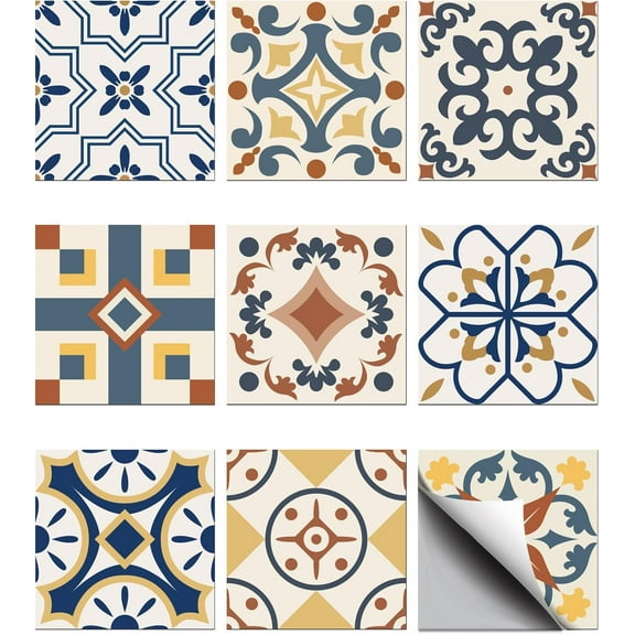 36pcs 9 Styles Lisbon Moorish Patterns Tile Stickers Waterproof Tile Stickers Square with Flower Pattern for Kitchen Bathroom Bedroom Wall Floor Decoration Mixed Color 4×4inch