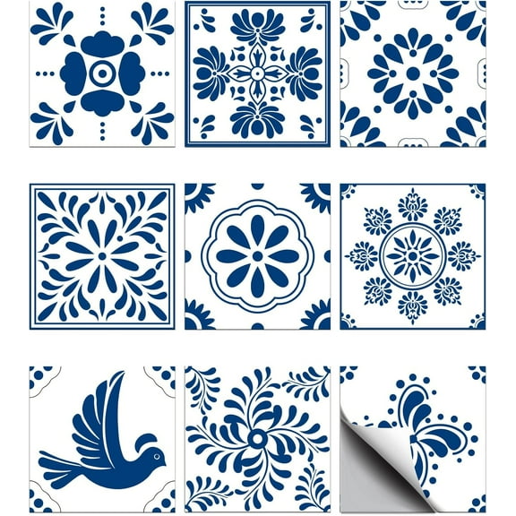 36pcs 9 Styles Mexican Ceramics Blue Tile Stickers Waterproof Tile Stickers Square with Flower Pattern for Kitchen Bathroom Bedroom Wall Floor Decoration Dodger Blue 44inch