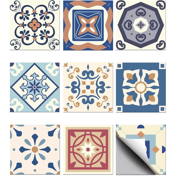 36pcs 9 Styles Victorian Decals Background Tile Stickers Waterproof Tile Stickers Square with Flower Pattern for Kitchen Bathroom Bedroom Wall Floor Decoration Steel Blue 4×4inch