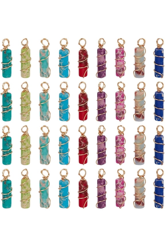 36pcs 9 colors Dyed Synthetic Imperial Jasper Copper Wire Wrapped Pendants Column Charms Real 18K golden Plated Mixed color 19mm Hole: 2.5mm 4pcs/color