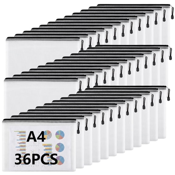 36pcs A4 Mesh Zipper Pouches in Black, Plastic Letter Size File Folders Document Organizer Bags Bulk for Office Storage