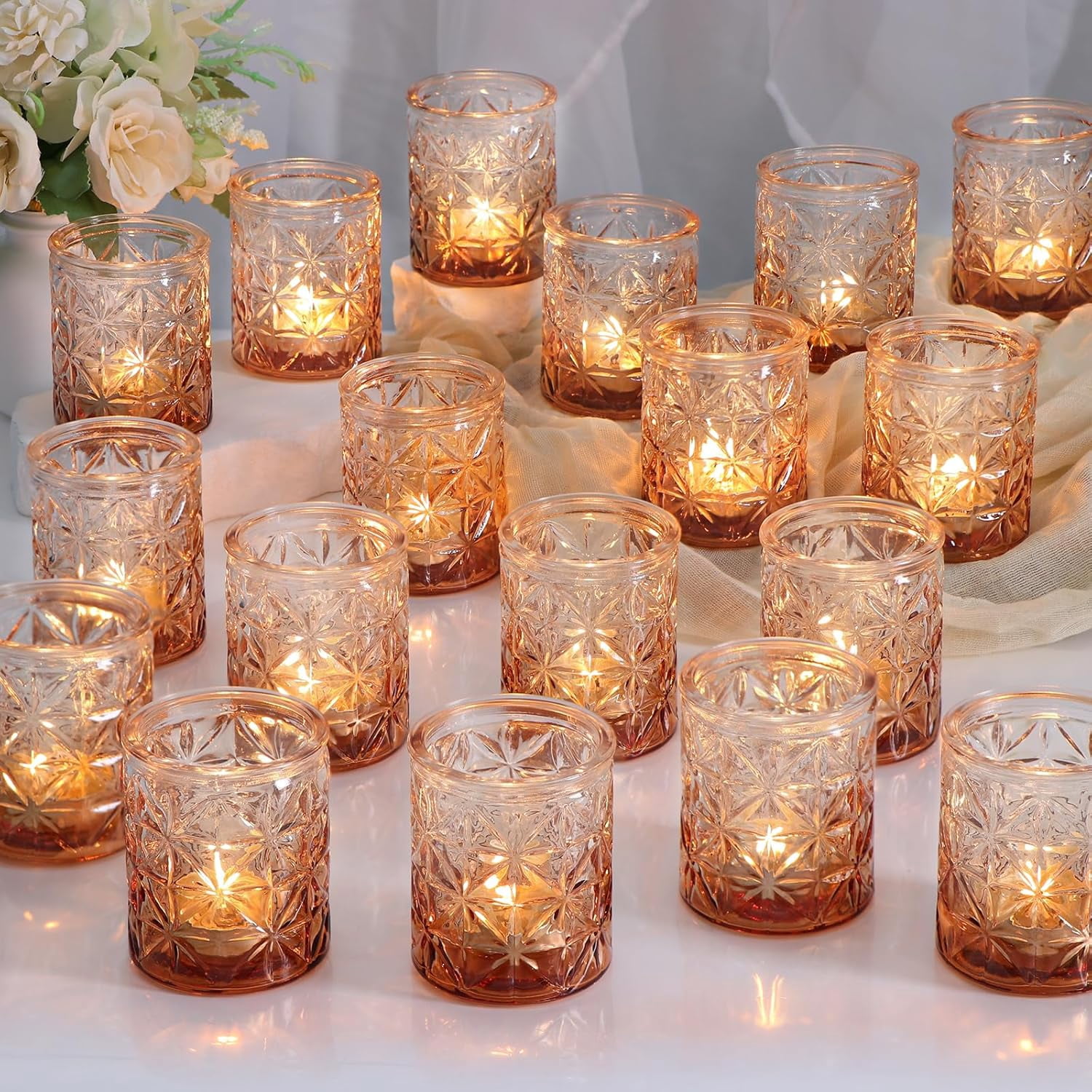 LETINE 36pcs Amber Glass Votive Candle Holders - Tea Light Holders For Fall Wedding & Table Decor