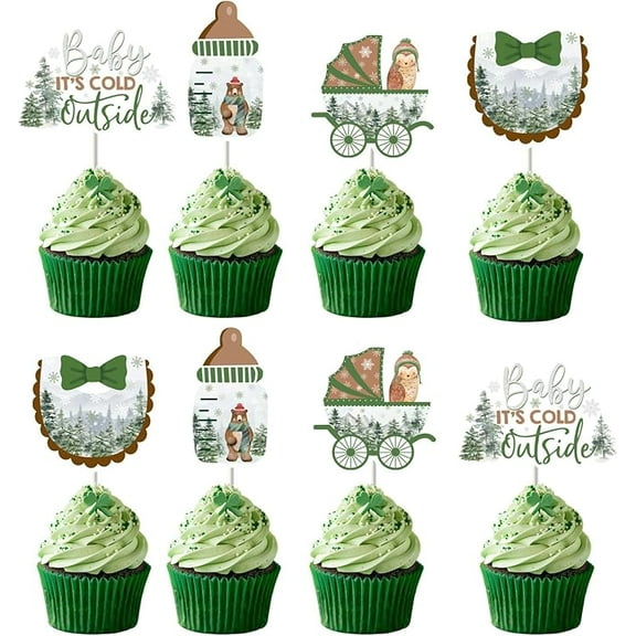 36pcs Baby It's Cold Outside Cupcake Topper, Winter Baby Shower Decoration, Welcome Baby Cake Decor, Double-Sided Printing for Winter Animal Woodland Jungle Forest Mountain