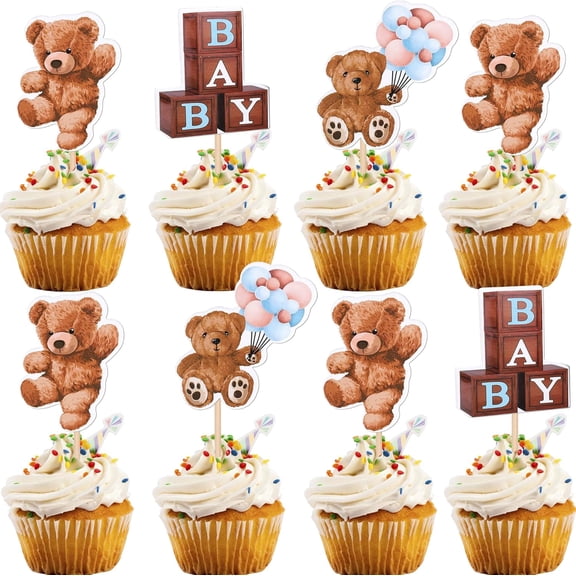 36pcs Baby Shower/Birthday Blue Bear Theme Cake Topper Paper Cupcake Picks Decorations
