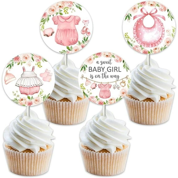 36pcs Baby Shower Cupcake Toppers Girl, Baby Clothes Shower Decorations Baby Girl Cupcake Toppers, A Sweet Baby Girl Is On the Way Decorations Gender Reveal Birthday Theme Party Supplies