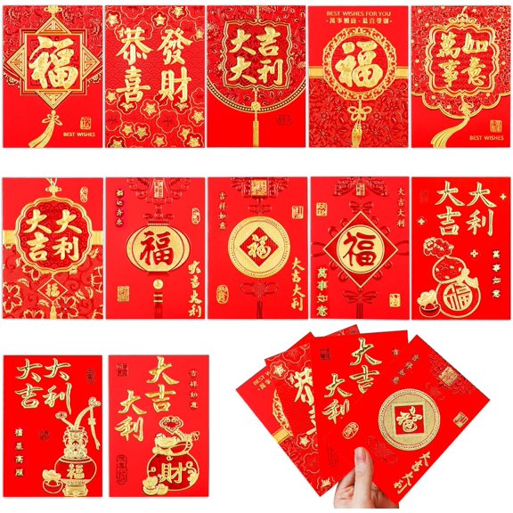 36pcs Chinese Red Envelopes, New Year Hong Bao Lai See Envelopes with Classical Chinese Patterns and Blessing Words Lucky Money Pockets Supplies for Spring Festival