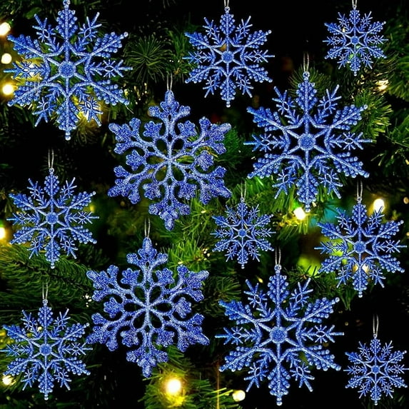 36pcs Christmas Light Blue Snowflake Ornaments Plastic Glitter Snow Flakes Ornaments for Winter Christmas Tree Decorations Size Varies Craft Snowflakes
