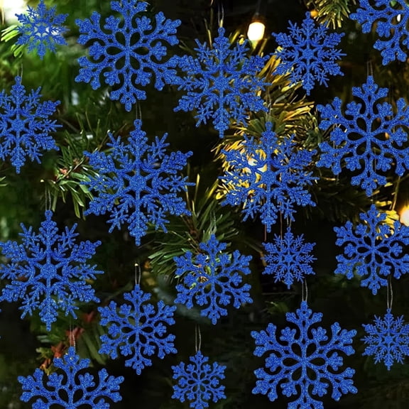 36pcs Christmas Navy Blue Snowflake Ornaments Plastic Glitter Snow Flakes Ornaments for Winter Christmas Tree Decorations Size Varies Craft Snowflakes