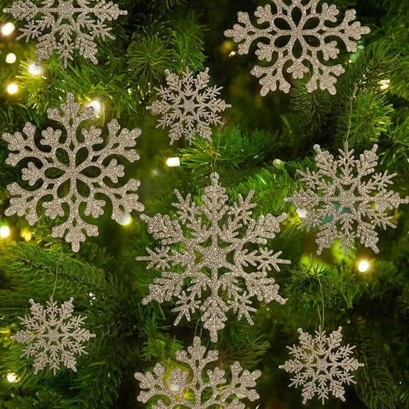 36pcs Christmas Silver Snowflake Ornaments Plastic Glitter Snow Flakes Ornaments for Winter Christmas Tree Decorations Size Varies Craft Snowflakes