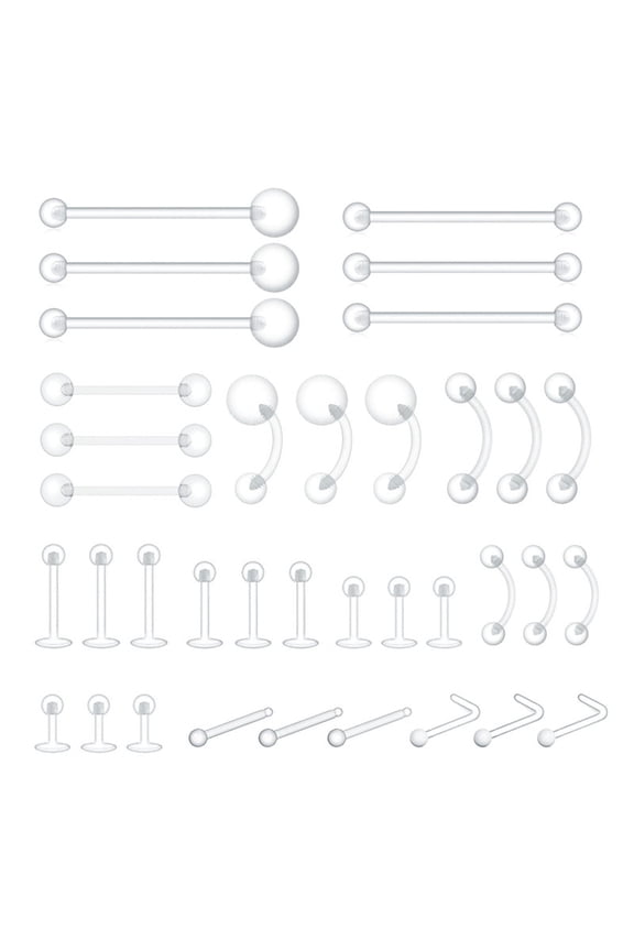 36pcs Clear Piercing Retainers Bioflex Plastic Jewelry for Nose Septum Nipple Tongue Eyebrow Belly Earrings Tragus Helix Cartilage Industrial Lip Labret Rings Studs for Work School Sports MRI Surgery