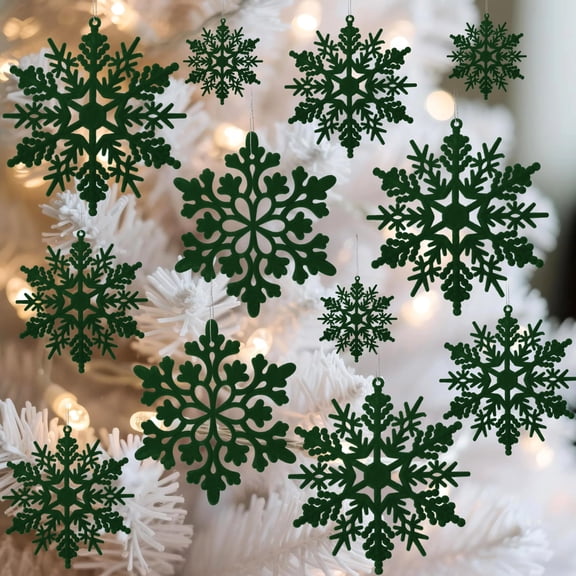 36pcs Dark Green Flocked Christmas Snowflake Ornaments, Hanging Velvet Snow Flakes for Christmas Tree Decorations Winter Wonderland Frozen Birthday Party Holiday Home Decor Craft Snowflakes Y101